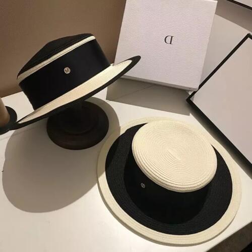 Women Black White Joint Straw Hat Ribbon Letter Brim Boater Hat Derby Beach Sun Hat Cap Lady Summer Wide Brim Uv Protect Hats