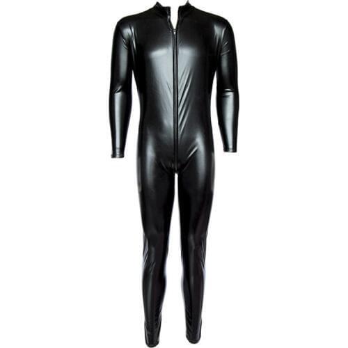 Sexy Lingerie Black Faux Leather Catsuit Latex Bodysuit Front Zipper Open Crotch Stretch Patent Leather Bodystocking Erotic