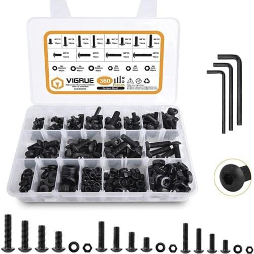 360Pcs Hex Hexagon Socket Pan Head Screw Nut Carbon Steel Black M5 M6 M8 Hexagon Screw with Nut Flat Pad Kit