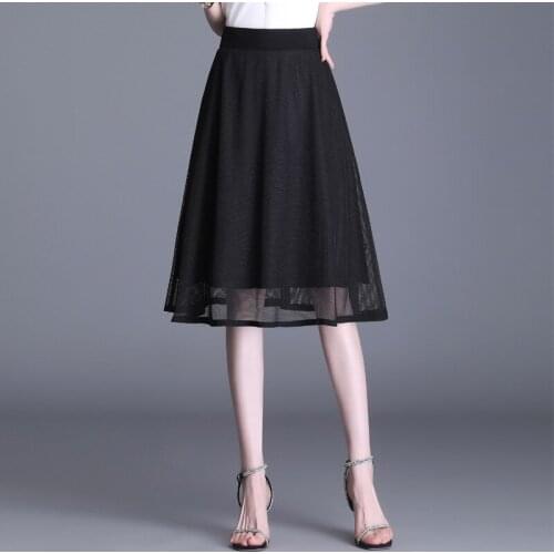 Women High Waist Black A-line Knee-length Skirt 2021 Summer Female Elegant Fashion Loose Double-layer Skirts 9170
