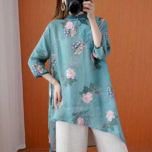 Blouses 2021 Women Hanfu Tops Irregular Chinese Shirt Cheongsam Top V Neck Loose Traditional Chinese Style Clothing Women TA2363