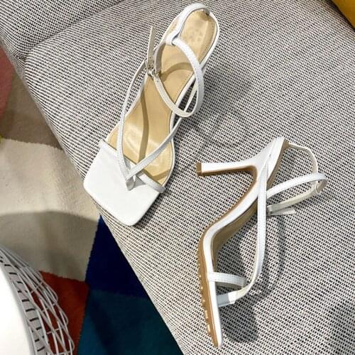 Womens Fashion Sandals 2021 Summer New All-Leather Square Toe Flip-Flops Stiletto High Heels Ins Tide Wild Net Red Style