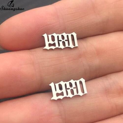 Shuangshuo Fashion Birthday Number Stud Earrings for Women Girls 1980 to 2020 Stainless Steel Earring Gifts