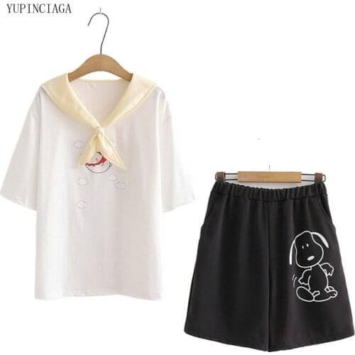 2 Piece Set Women Japan Style Cartoon Print Fake Two-piece T shirt + Casual Pants Student Two Piece 2020 New Summer Female Suit