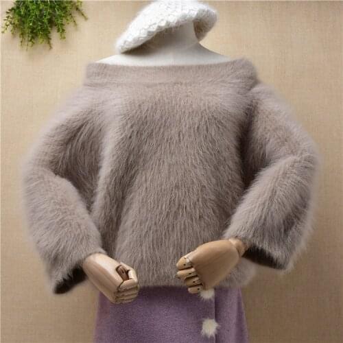 Female women winter thick warm hairy plush mink cashmere slash neck three quarter sleeves loose lazy oaf pullover jumper sweater