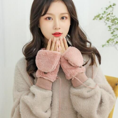 Winter Fashion Plush Faux Fur Gloves Women Girls Windproof Velvet Thicken Warm Mittens Soft Stretch Flip Type Gloves Hand Warmer