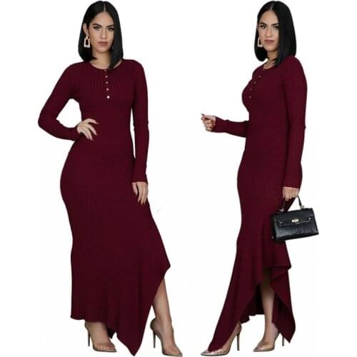 2021 New High Elastic Pit Strip Bodycon Long Sleeve Maxi Lrregular Dress O Neck Button Sexy Nightclub Women Clothing Party Dress