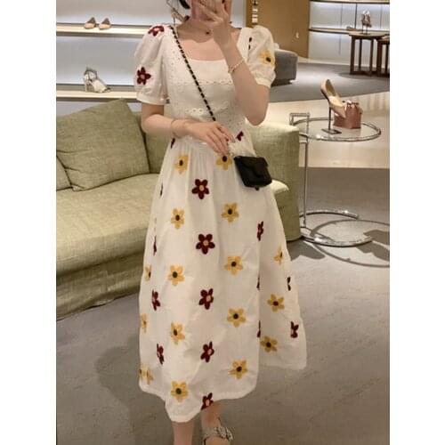 2021 Vintage Embroidery Sun Floral Midi Dress Women Elegant Puff Sleeve O Neck Clothes New