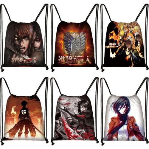 Anime Attack On Titan Drawstring Bag Women Shopping Bags Levi Mikasa Eren Girls Boys Portable Backpack Travel Bags