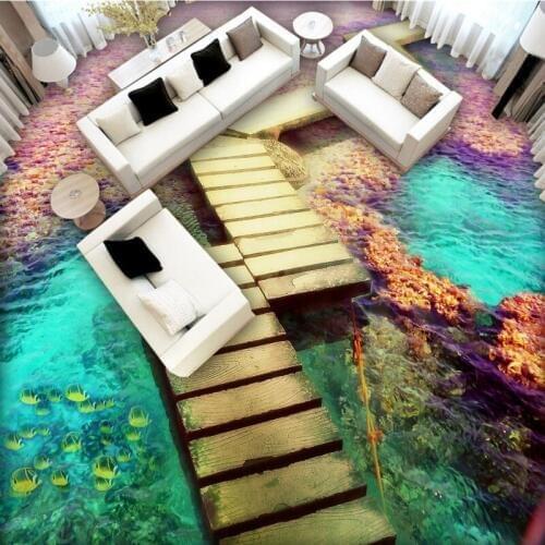 Free Shipping Maldives Seaside wooden bridge flooring wallpaper children room decoration office waterproof floor mural
