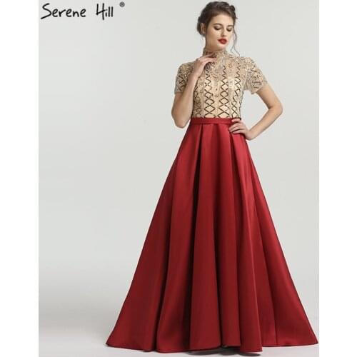 Wine Red High Collar Fashion Evening Dresses Short Sleeve Luxury Beading Sequined Evening Gown 2021 Serene Hill LA6568