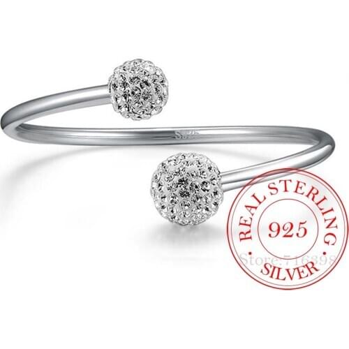 925 Sterling Silver Crystal Ball Bangles Open Cuff Bracelets & Bangles Jewelry pulseras For Women