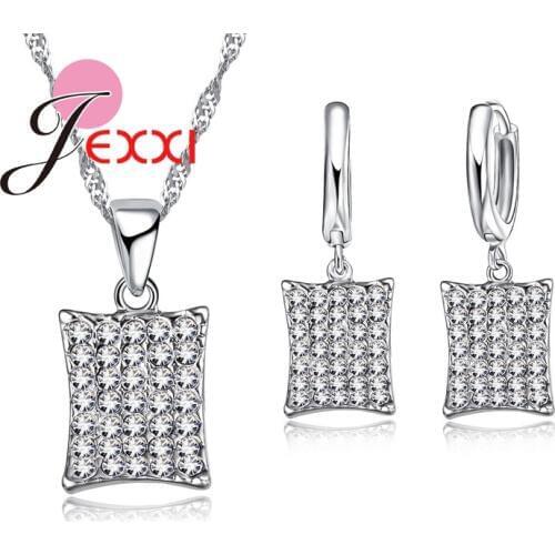 Women Casual Outdoor Jewelry Sets Rectangle Shape CZ Crystal 925 Sterling Silver Chain Drop Earrings+Necklace Pendant