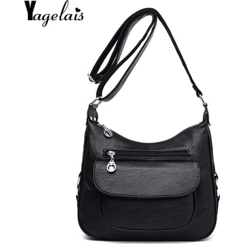 Black Trumpet Lady Messenger Bag Soft Wash PU Leather Messenger Bag Female Handbag Wallet