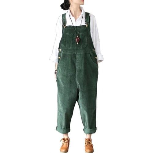 Autumn Winter Original Loose Strap Thick Warm corduroy pants womens Cotton Vintage Spring Casual jumpsuits ladies Big Pocket