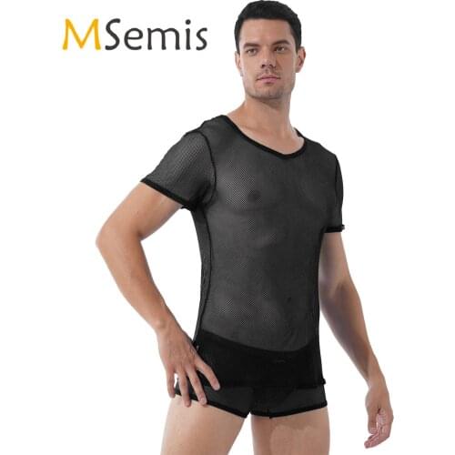 Mens See-through Clothings Hollow Out Mesh V Neck Short Sleeve T-shirt with Elastic Waistband Boxer Shorts Male Short Outfit Set