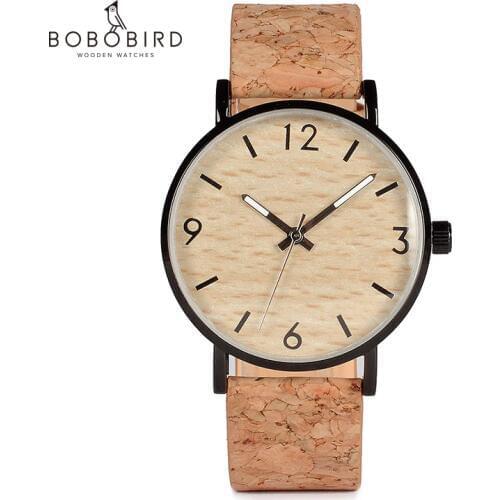 BOBO BIRD Mens Watches Wood Grain Dial Stainless Steel Case Quartz Watch with Soft Cork Bandfor Men as Gift Item