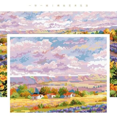 Hand-made kit for killing time at home European French Lavender Sunflower Field High Quality Printed Cross Stitch Kit