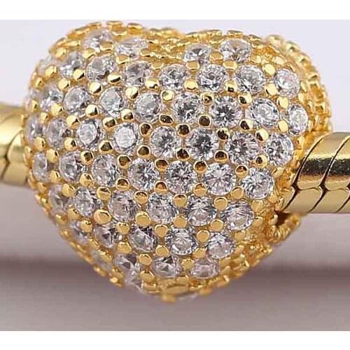 Original Gold Color Shine Pave Open My Heart Clip Stopper Beads Fit 925 Sterling Silver Bead Charm Bracelet Diy Jewelry
