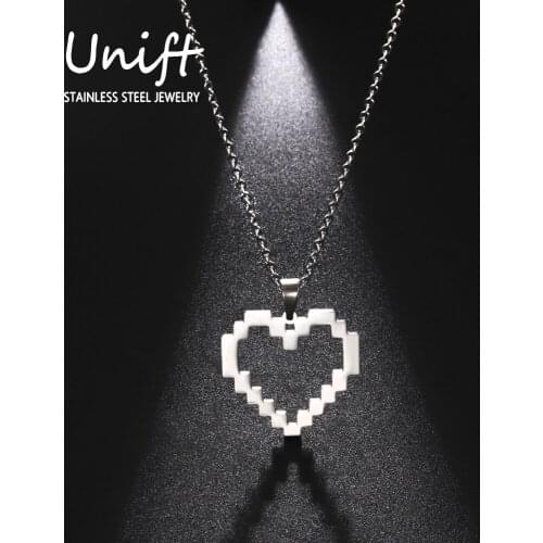 Unift Lovely Hollow Retro Mosaic Heart Necklace for Women Stainless Steel Clavicle Necklace Pixel Style Trendy Party Jewelry
