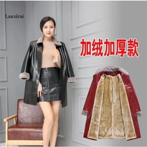 Winter Women Sheepskin Long Coats Thick Eco-leather Lambskin Wool Fur Big Pockets Jackets Splicing Black Motorcycle Outwear