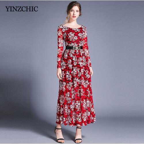 Autumn New Woman Lace Maxi Dress Big O-neck Female Elegant Party Dresses Slim A-line Floral Printed Long Laces Dresses Woman