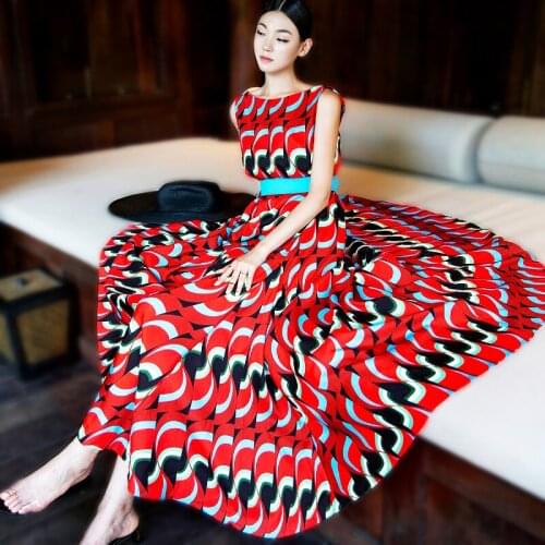 Korea Ladies Fashion Summer Dresses For Women Geometric Pattern Sleeveless Long Dress Clothes Maxi Dress Women Robe Femme SL013