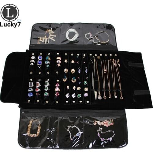 Portable Black Velvet Jewelry Roll Storage Bag Ring Pendant Folding Travel Organizer Earrings Case Box Zipper Bag