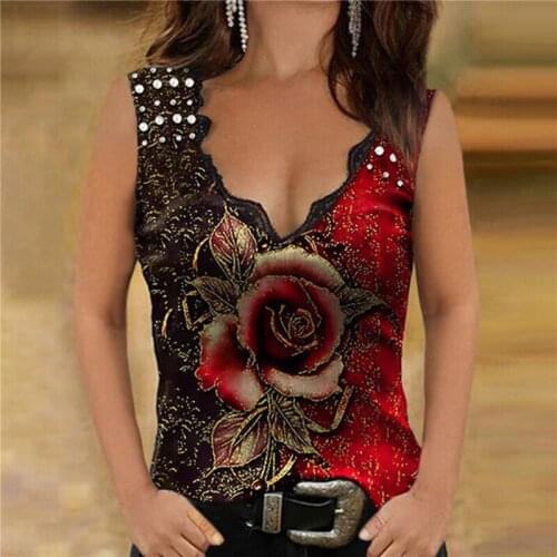 Casual Womens Summer Tanks Tops Fashion Loose V-neck Printed Vest Top Sleeveless Female Clothes Womens Clothing