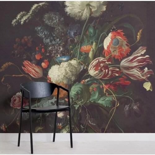 Custom Size Dark Floral Vase of Flowers Heem Self Adhesive Wallpaper Dinning Room Backdrop 3D Murals Decor Art Wall Waterproof