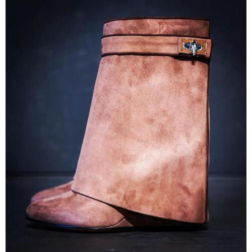2018 Spring Hot Suede Leather Women Lock Buckles Mid-Calf Boots Sexy Pointy Toe Ladies Height Increasing Knight Boots Size 42
