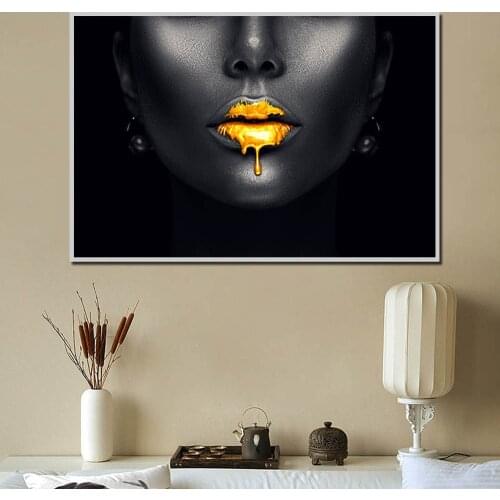 Nordic Modern Black Gold Lips Sexy Shine Women Figure Canvas Painting Art Posters and Prints Wall Canvas Picture for Living Room