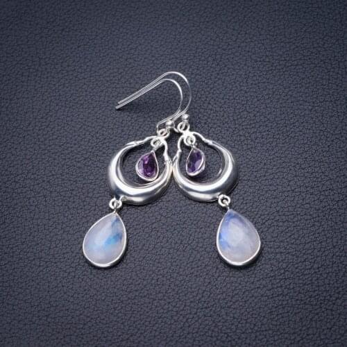 StarGems Natural Rainbow Moonstone And Amethyst Handmade 925 Sterling Silver Earrings 2" D6546