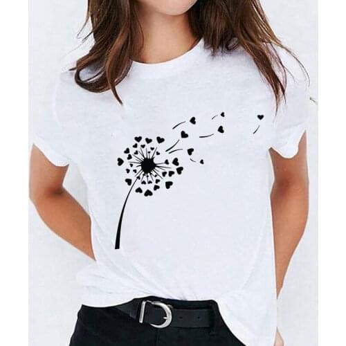 Stylish T Shirt for Women Dandelion Flying Fashion Short Sleeve Print Lady T-shirts Top Womens Ladies Sweet Tee T-Shirt