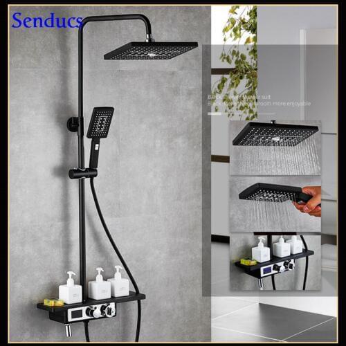 Senducs Black Thermostatic Bathroom Shower Set European Digital Bath Shower System with Quality Brass Black Shower Set