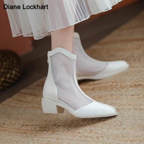 2021 Cool Boots Mesh Fashion Ankle Boots Pointed toe Zip Women Shoes Spring Summer Female Chunky heel Platform Western Boots