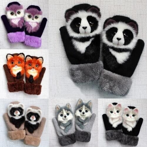 Women Men Winter Knit Gloves Cute 3D Fluffy Cartoon Animal Decor Thickened Plush Lining Windproof Thermal Warm Mittens