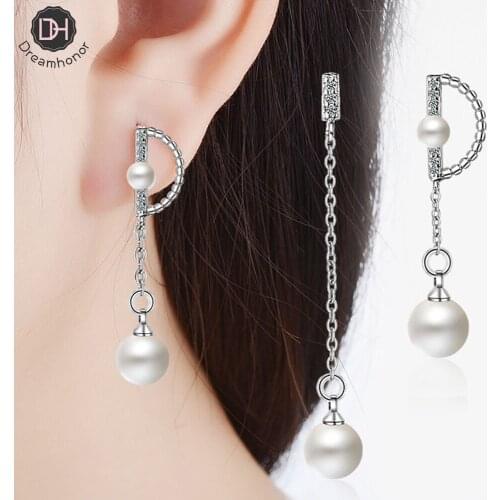 Dreamhonor Elegant Round Imitation Pearl Dangle Earrings Dazzling CZ Women Engagement Wedding Graceful Accessories Earrings