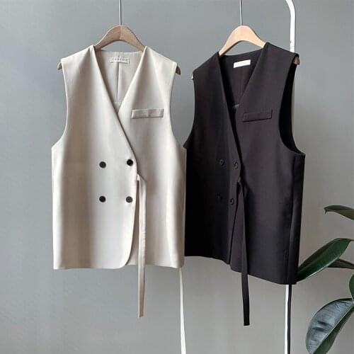 JMPRS Autumn Vest Elegant Double Breasted Loose Short Blazers Jacket Black Elegant Fashion V Neck Belt High Quality Coats Vest