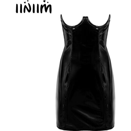Womens Femme Wet Look Mini Dress Patent Leather Back Lace Up Zipper Bodycon Corset Dresses Sissy Clubwear Cocktail Party Costume