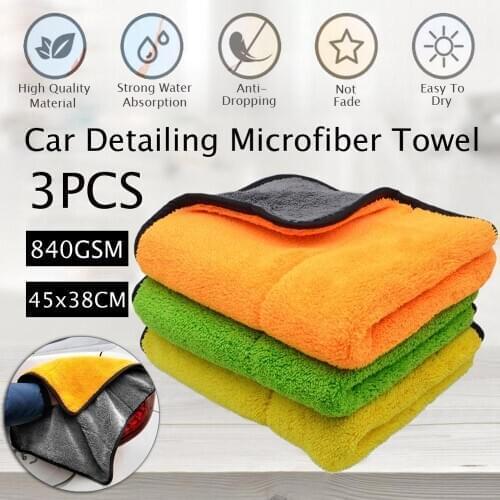 3PCS 840GSM 45x38cm Microfiber Towels Super Thick Plush Car Cleaning Cloths Auto Microfibre Wax Wash Polishing Detailing Drying