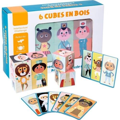 6 Cubes en bois DIY Block Baby Cute Cartoon People Change Clothe Early Educational Childhood Wooden Jigsaw Gift Toy for Children