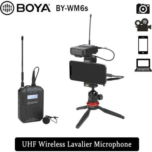 BOYA BY-WM6S Wireless Lavalier Microphone UHF System Omni-directional Compatible with smartphone Mic for DSLR Cameras Interviews