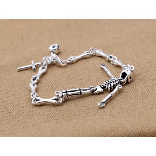 Solid 925 Sterling Silver Retro skull bone link rock bracelet men women gift jewelry A1625