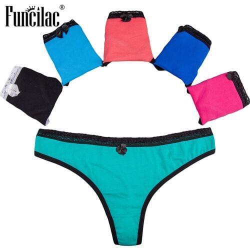 FUNCILAC Cotton Womans Thong Sexy Lace G String Panties Briefs for Women Underwear Solid Color Underpants Lingerie 5 Pcs/Lot