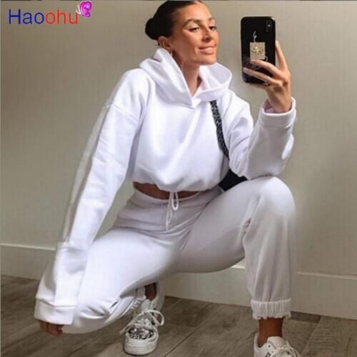 HAOOHU Women Solid Sets For Women Warm Hoodie Sweatshirts And Long Pant Fashion Two Piece Sets Ladies Lace Up Sweatshirt Suits