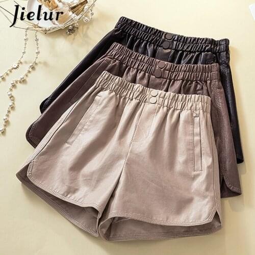 Jielur Summer Pu Leather Shorts Women 2021 Plus Size M-4XL Outer Casual Leather Shorts Female Loose Wide Leg Side Split Shorts