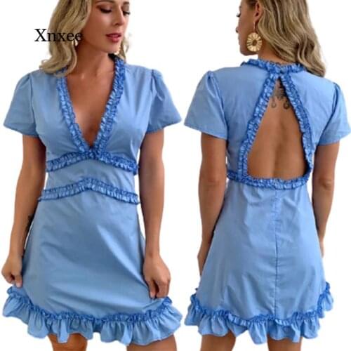 Summer Hallow Out Mini Dress Backless Sexy Dresses Women Cascading Ruffle V Neck Blue Short Sleeves Vestidos Clothing Bodycon