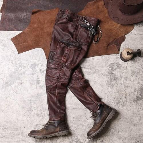 2021 Vintage Brown Men Bikers Leather Trousers Large Size XXXXL Genuine Natural Cowhide Autumn Slim Fit Motorcycle Pants