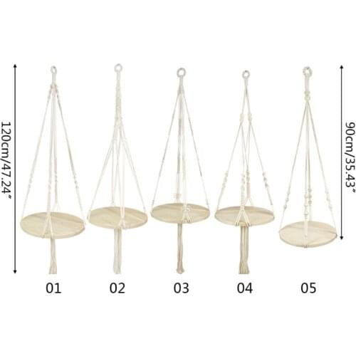 Nordic Macrame Plant Hanger with Round Wooden Plate Tray Woven Tassels Indoor Hanging Planter Shelf Flower Pot Holder